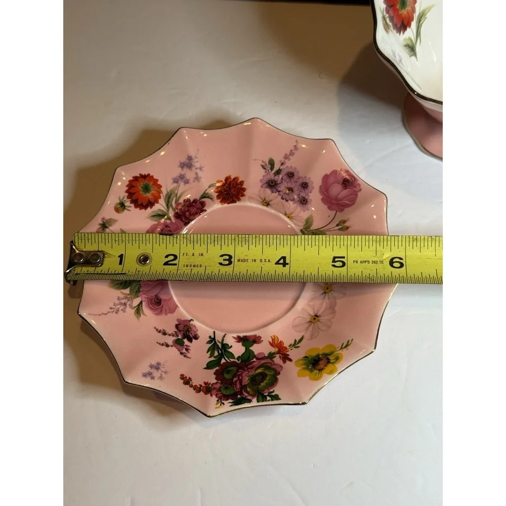 Meritage Pink Floral Teacup & Saucer Scalloped Gold Trim Tea Cup Set 6